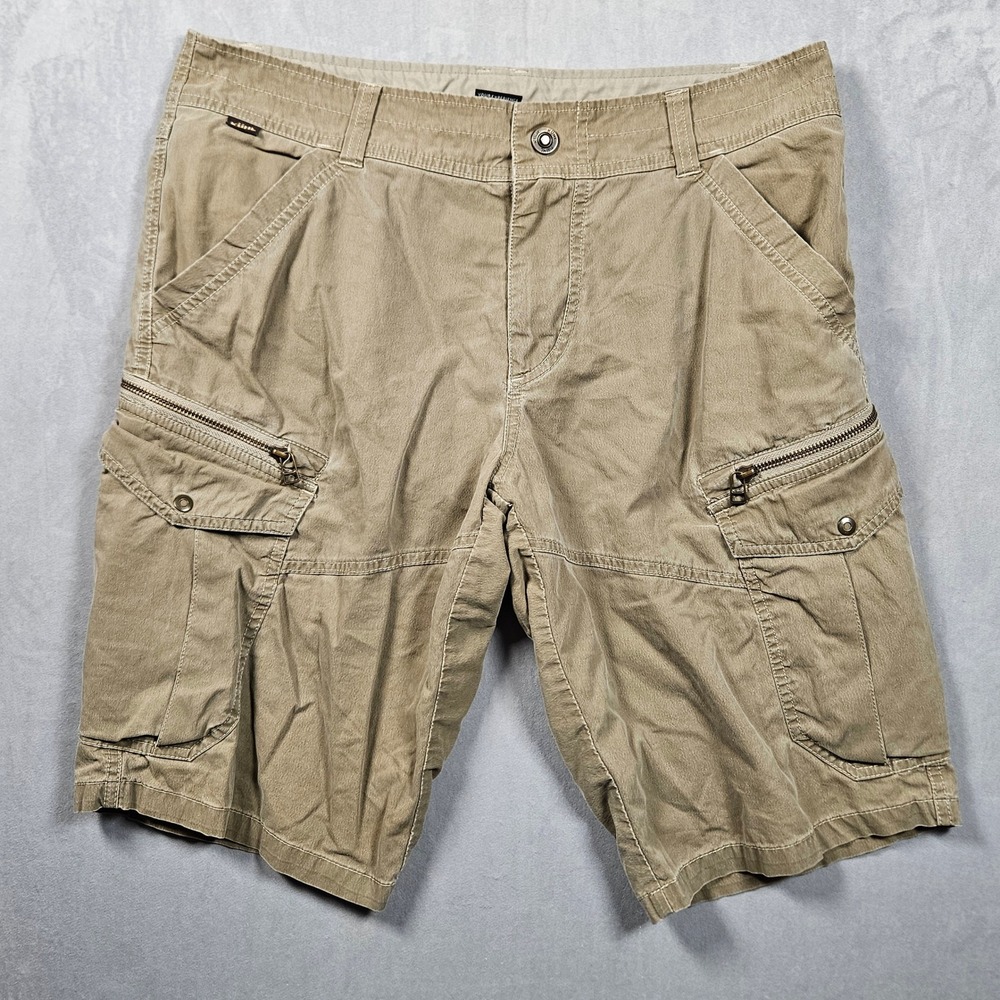 Kuhl Kourage Shorts Mens 33 Tan Cargo Zip Pockets Outdoor Hiking Camping Logo
